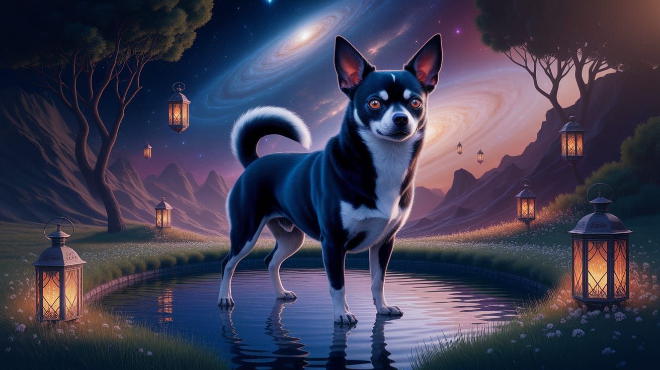 Cosmic Chihuahua Guards Galactic Pond in Giger-Beksiński Sty...