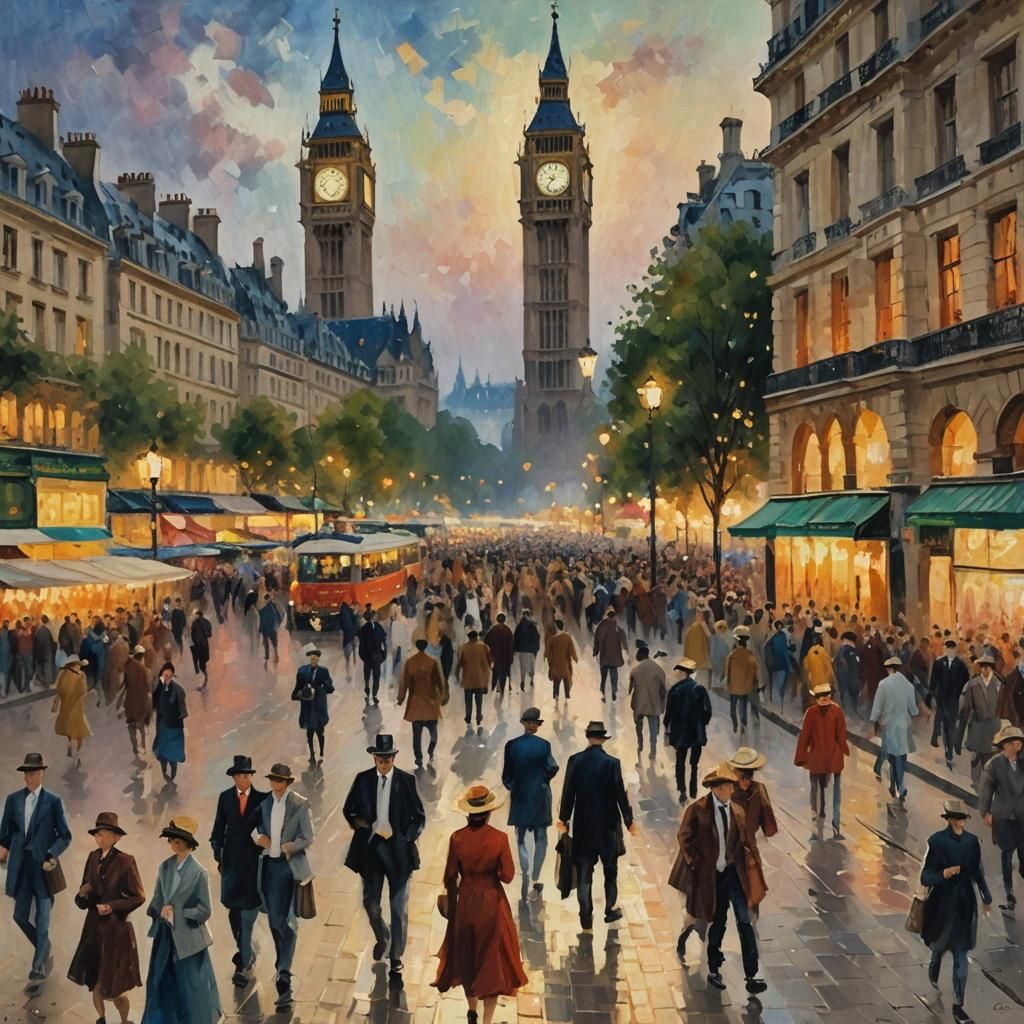 Impressionist Paris Crowd Scene with Big Ben