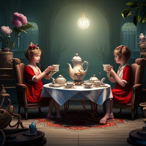 Babies' Fantastical Tea Party in Detailed Painting