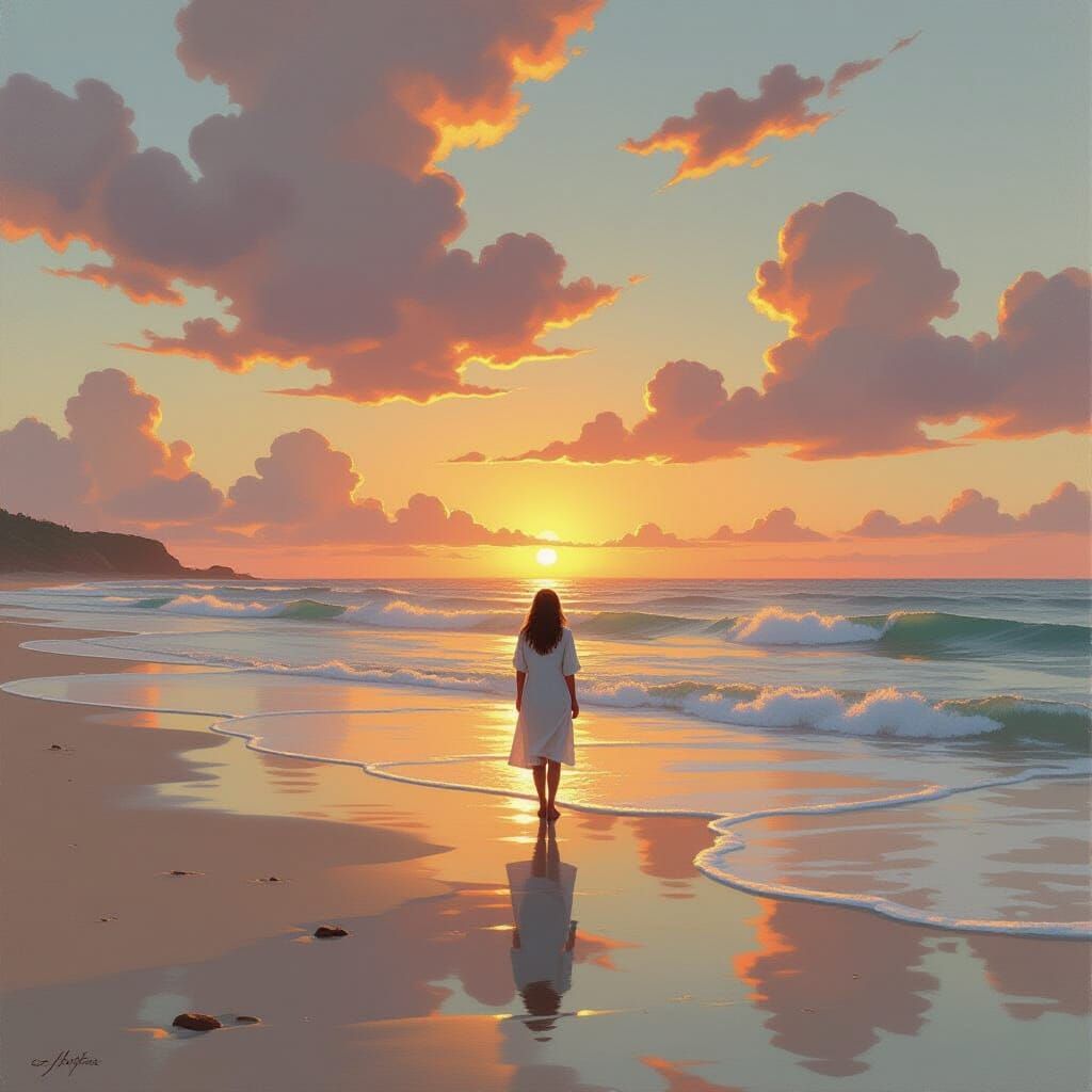 Dawn Seashore Figure in Dreamy Oil Painting Style
