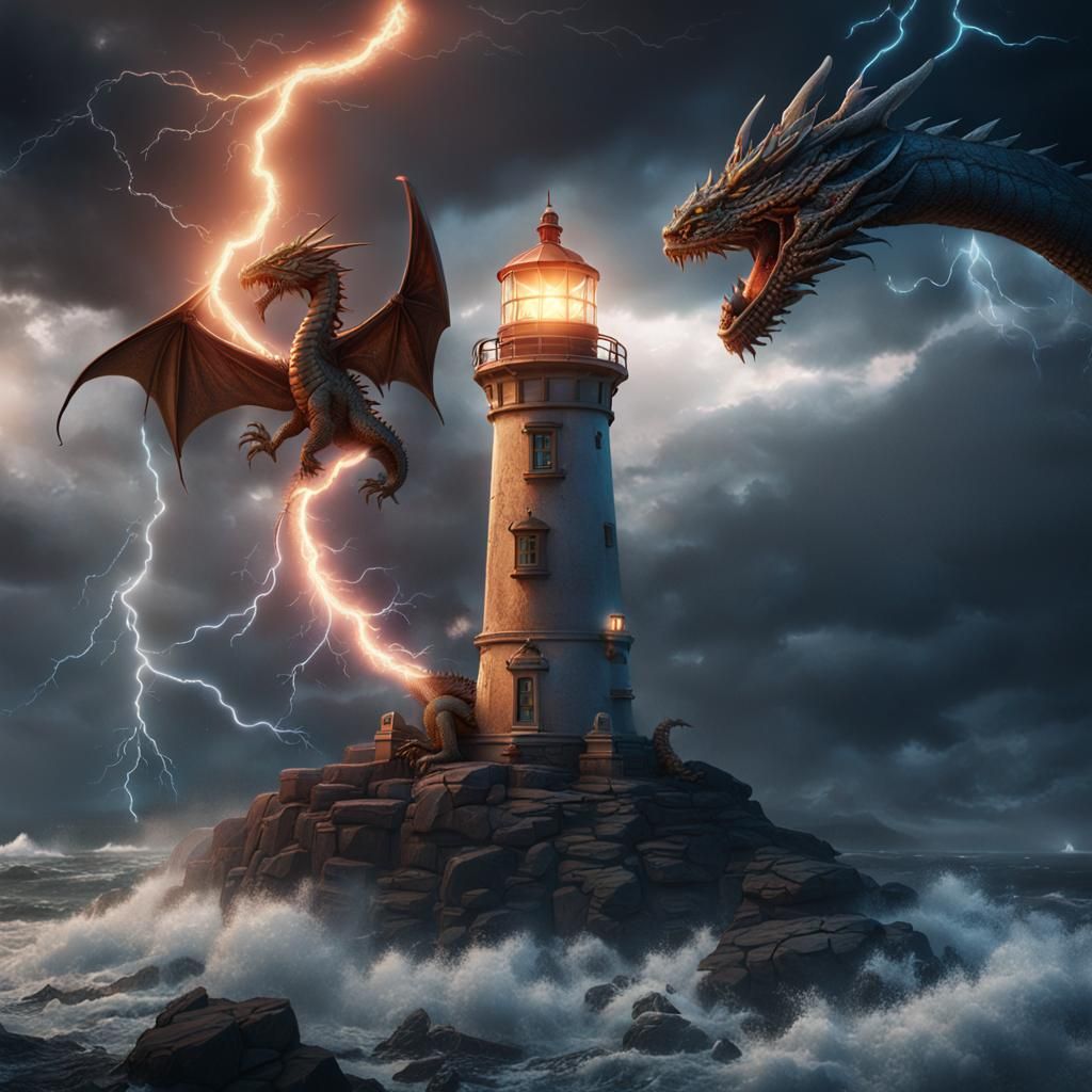 Dragon Guarding Lighthouse in Lightning Storm