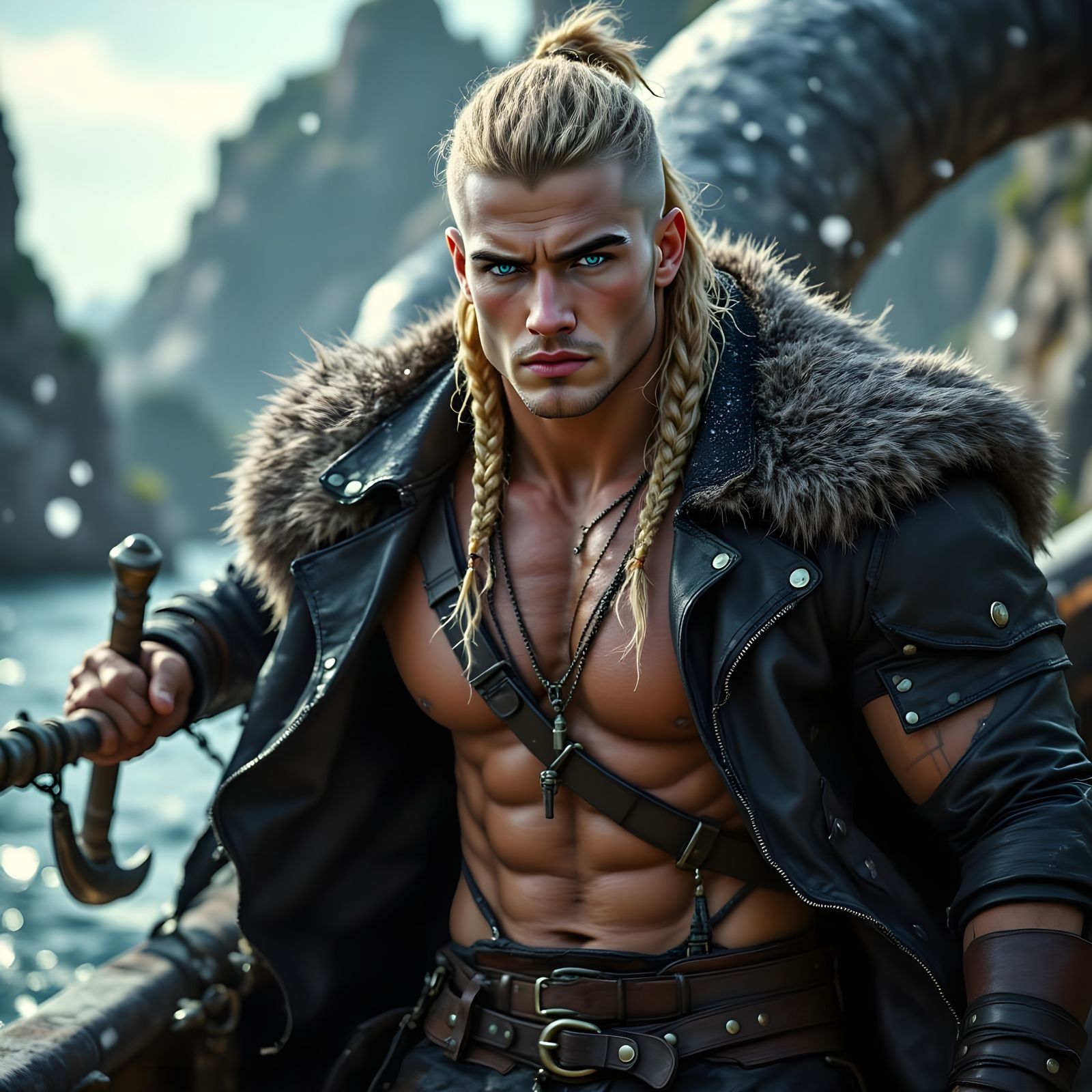 Viking Warrior Battles Sea Serpent on Ship