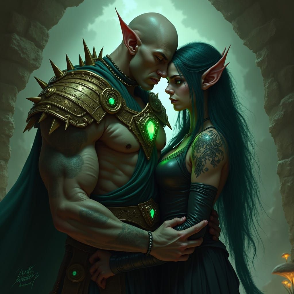 Ethereal Embrace in Ancient Caverns, Cyberpunk Fantasy Digit...