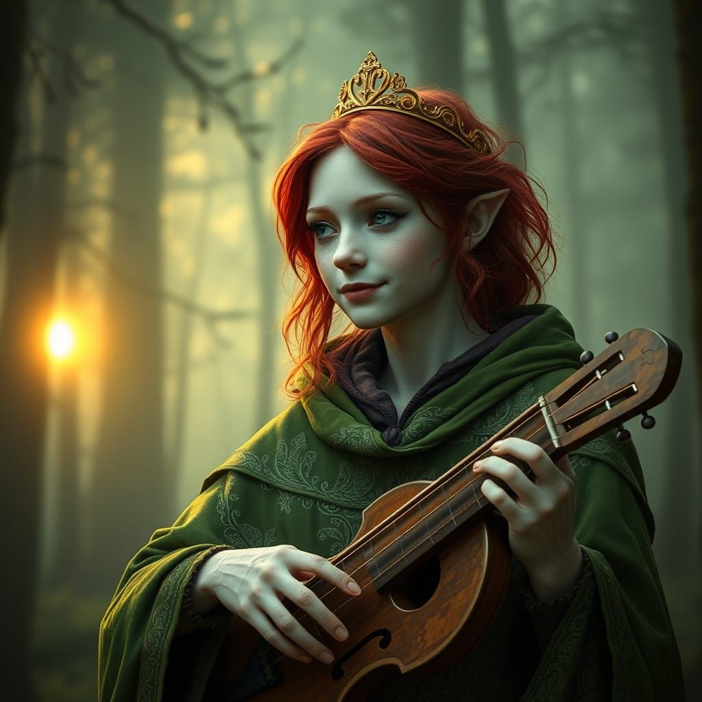 Elf Musician in Forest with Wood Instrument