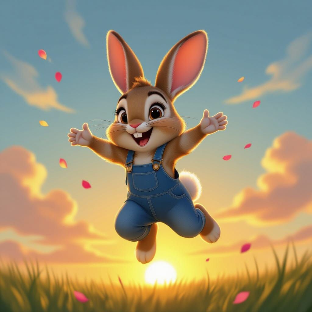 Disney Style Rabbit Leaping in Golden Sunset