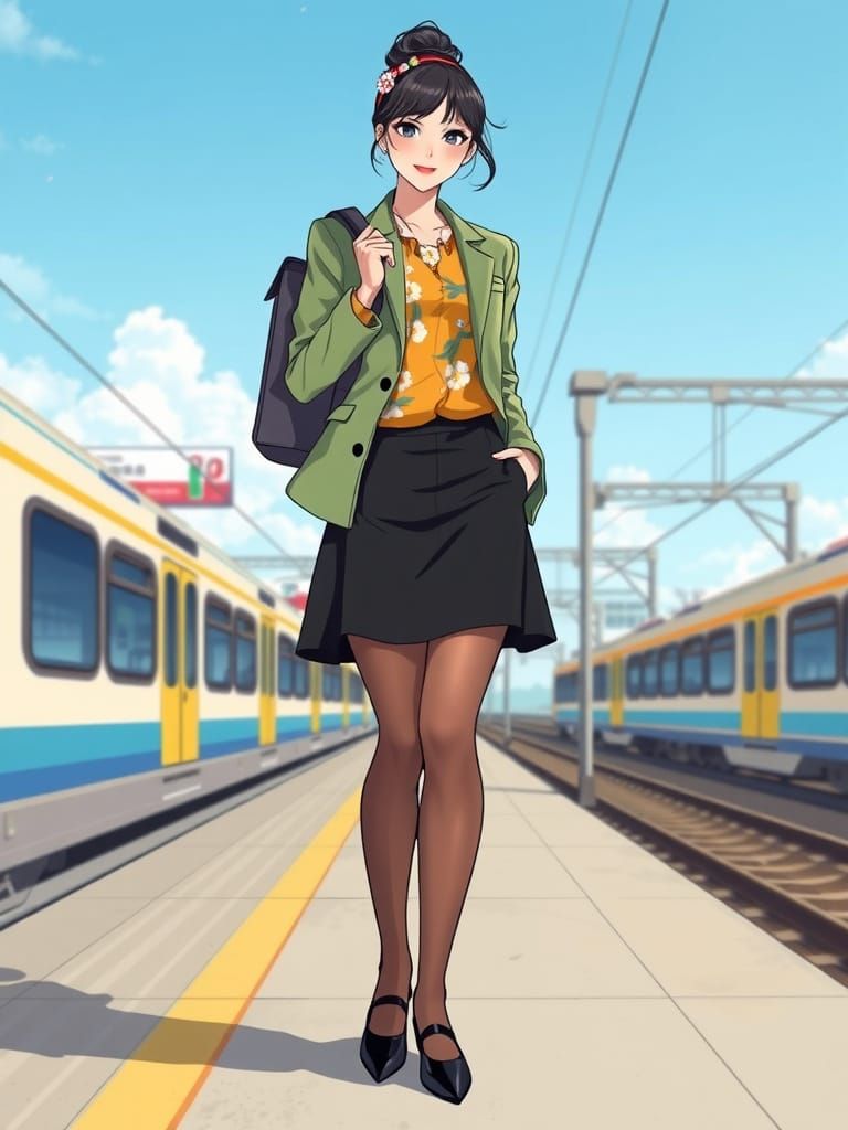 Elegant Female Spy Awaits Train in Sunny Yellow and Floral