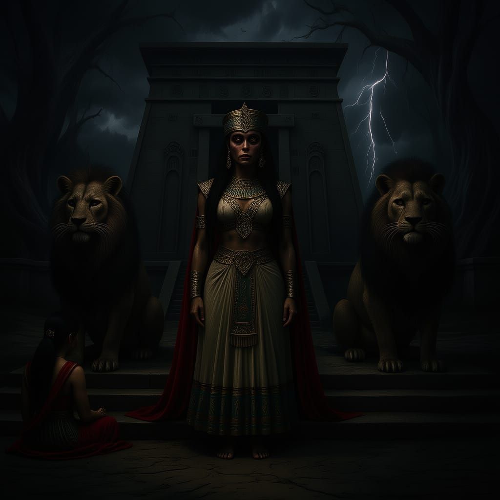 Sumerian Goddess Innana Before Temple With Lionesses