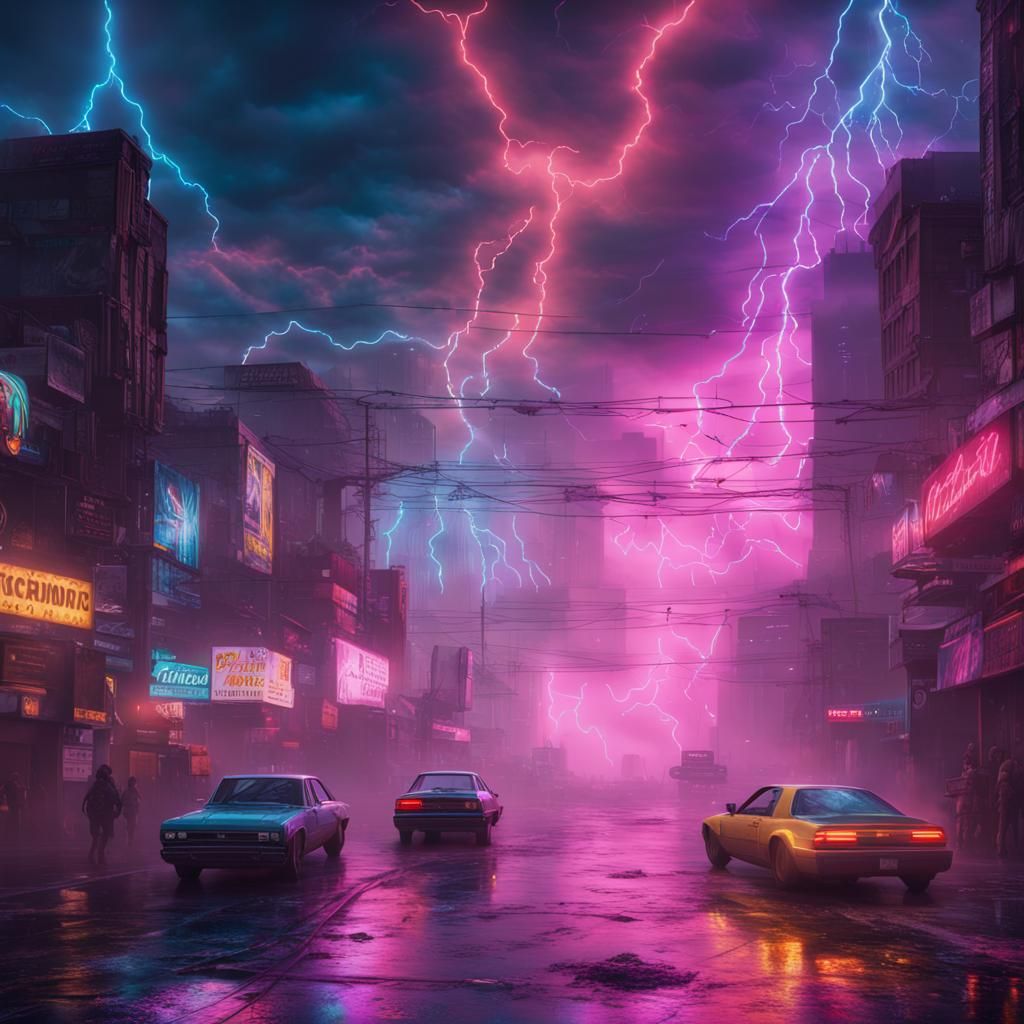 Holographic Thunderstorm in Cyberpunk Style