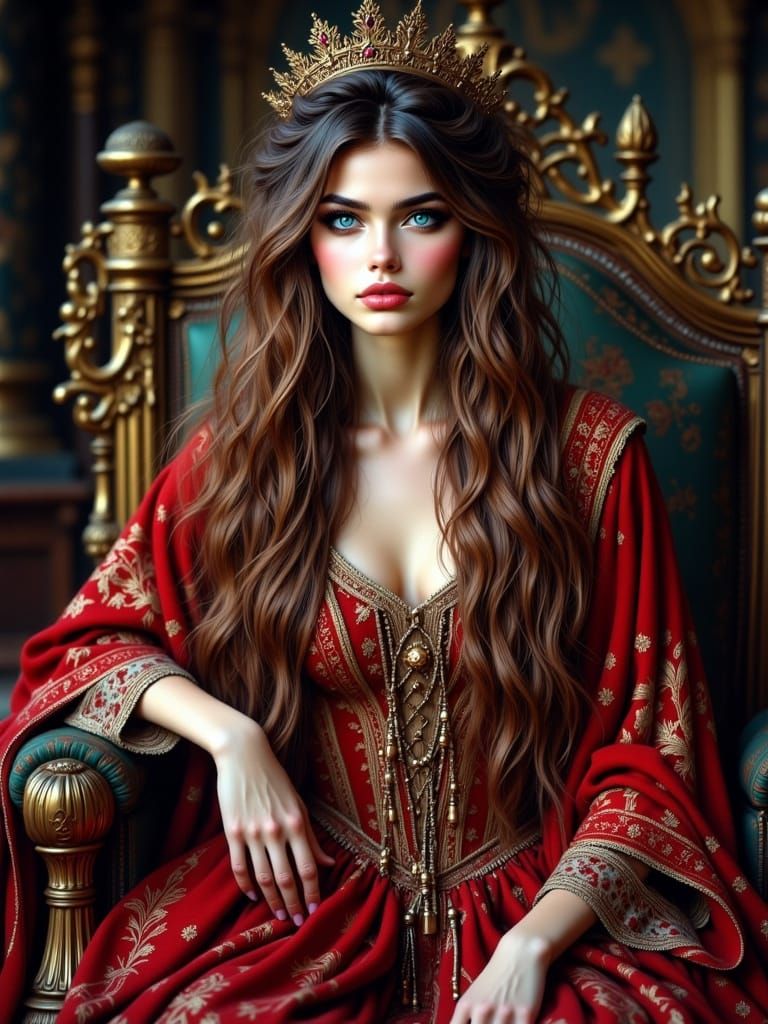 Majestic Medieval Queen on Throne in Velvet Dress
