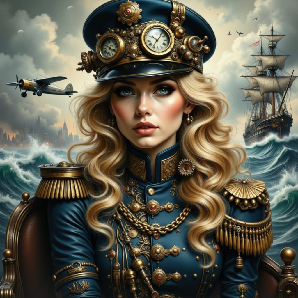 Steampunk Woman in Ornate Military Uniform, Oil Painting