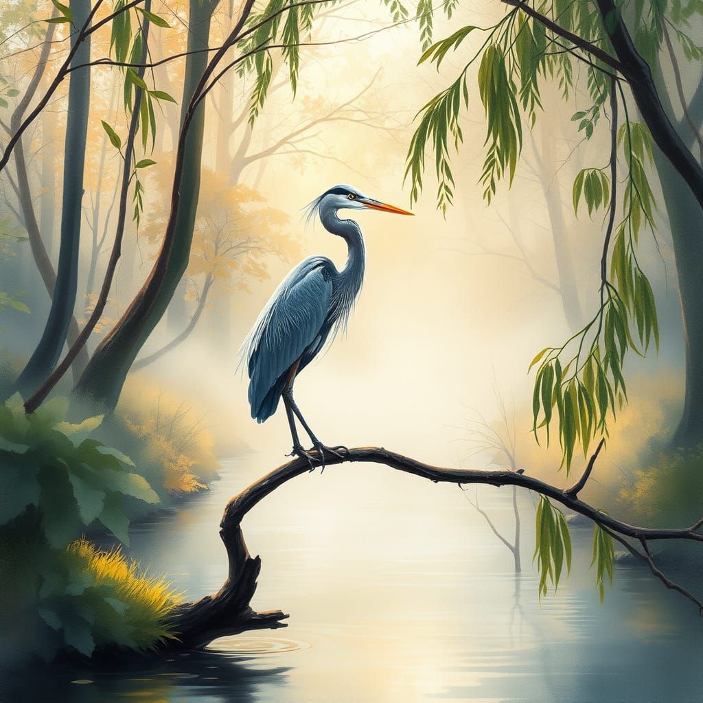 Majestic Heron in a Misty Woodland Creek