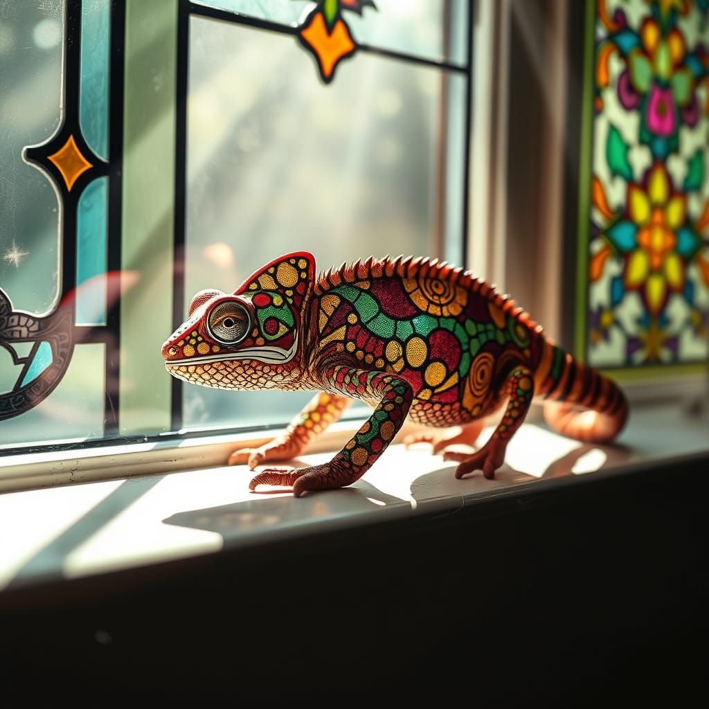 Chameleon Mimics Stained Glass on Sunlit Windowsill