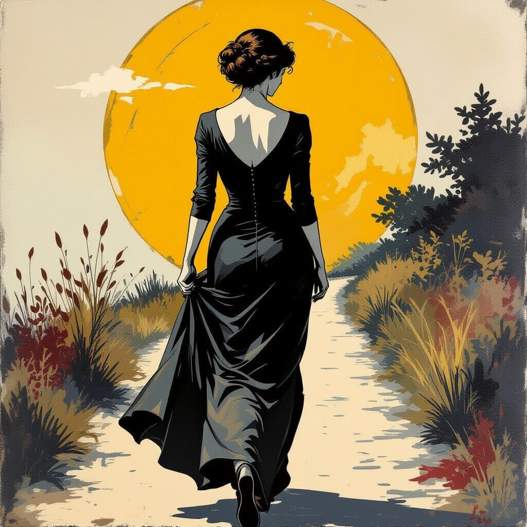 Energetic Woman Walking Away: Expressionist Impasto Painting