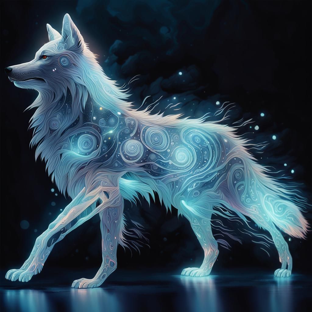 Glowing Wolf in Dark Void: Ethereal Fantasy Art
