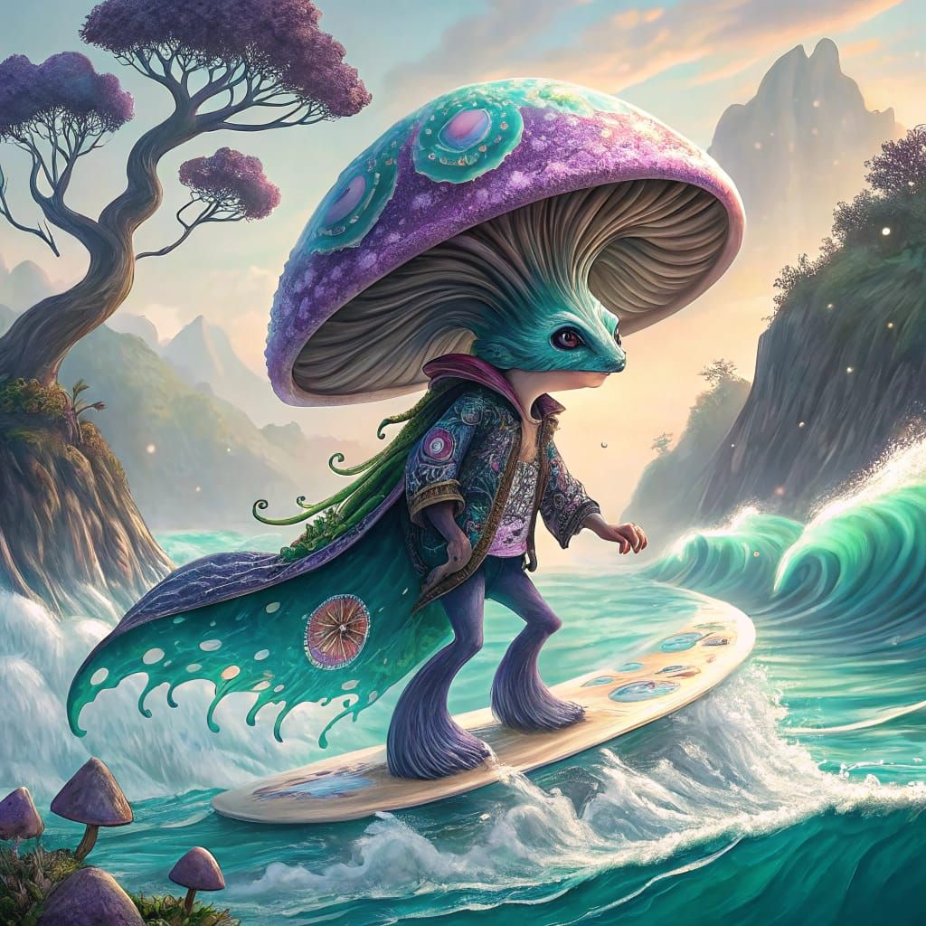Mystical Mushroom Surfer in Vibrant Hyper-Fantasy Style
