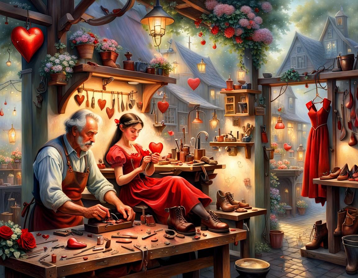 Shoemaker Repairs a Heart in Hyperrealistic Fantasy Style