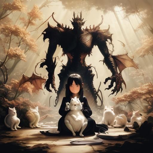 Girl with Dragon: Chiaroscuro Painting with Sunbeams