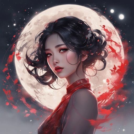 Beautiful Japanese Girl Portrait with Red Sparkles