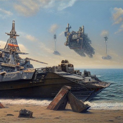 Decaying Robot Warship on Beach: Oil Painting