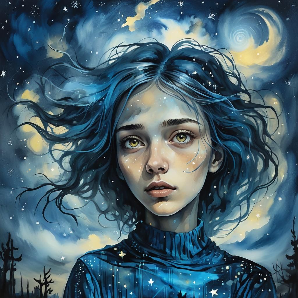 Teenage Girl Under Starry Sky: Surreal Ink Illustration