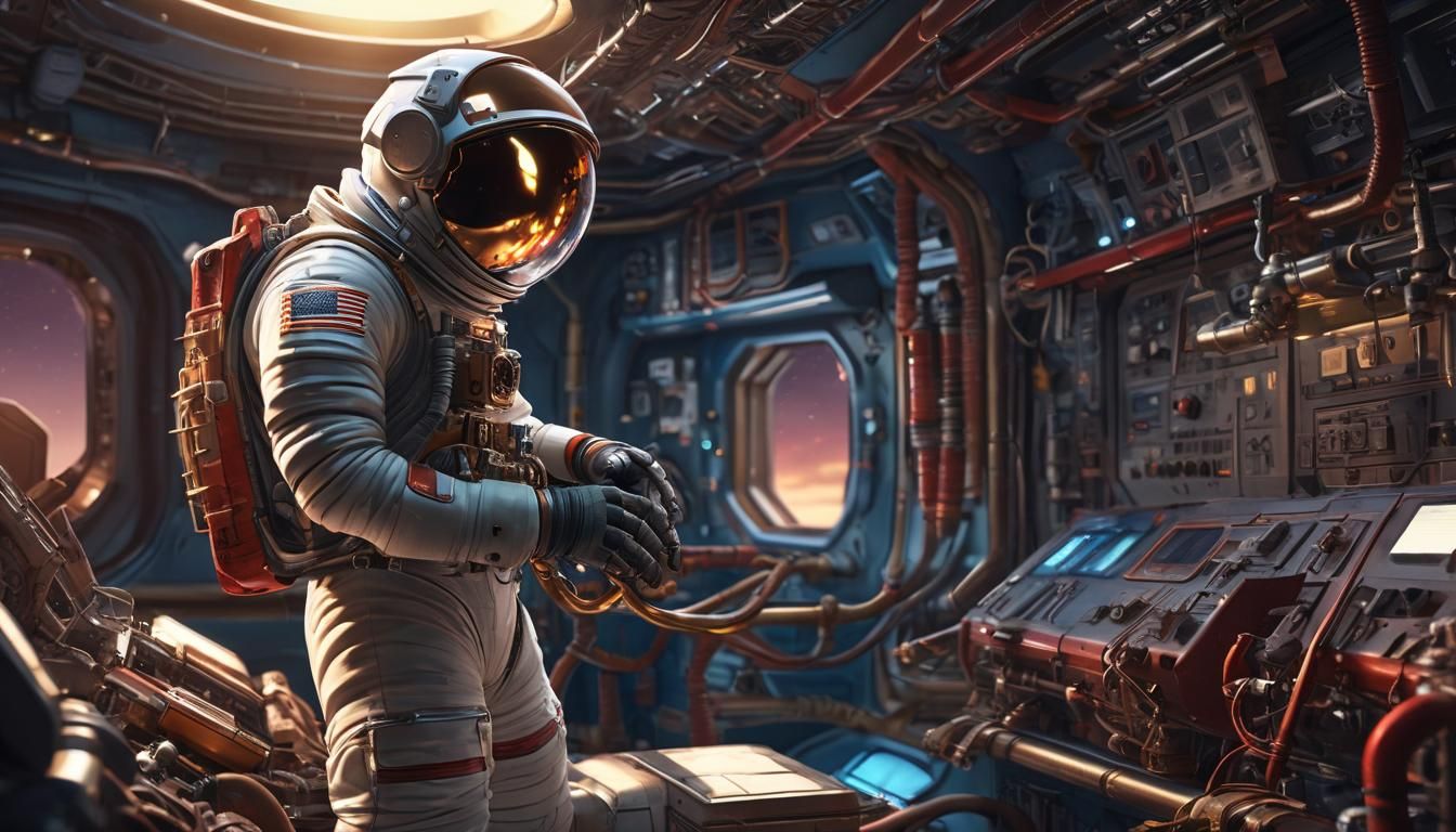Astronaut Repairs Spaceship During Golden Hour: 3D Art