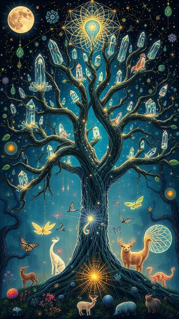 Ethereal Tree of Crystals Illuminates Moonlit Forest
