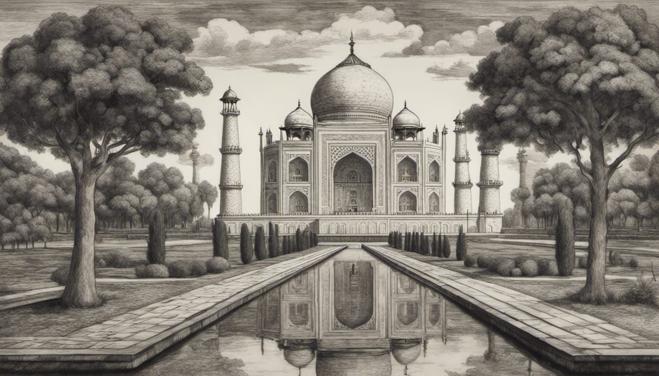Taj Mahal in Charcoal Drawing, Escher Style
