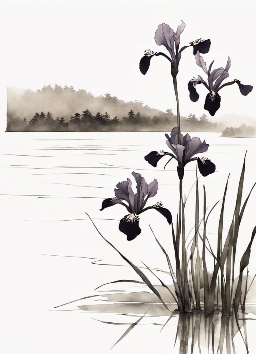 A Japanese Iris on an island in the middle of a lake - Ippitsugaki Japanese calligraphy art Line Painting