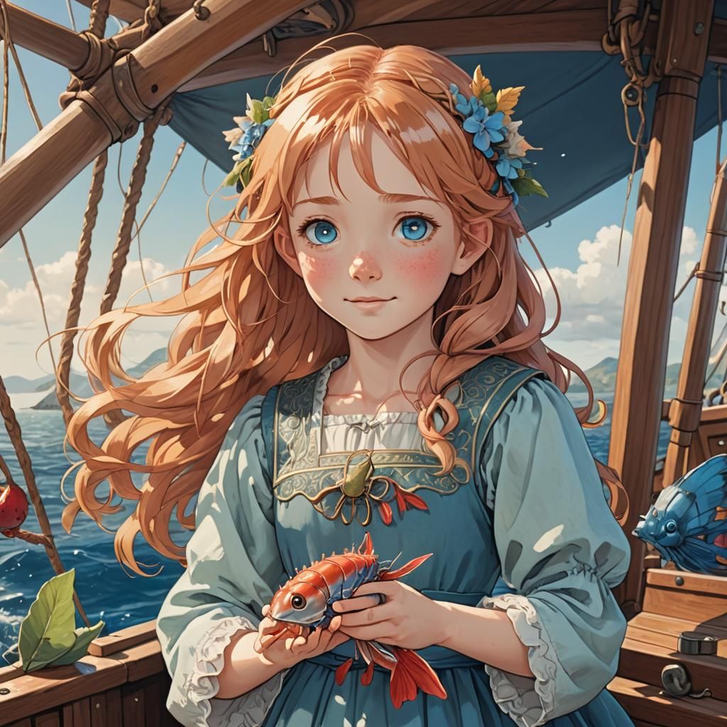 Young Girl on Boat Holding Shrimp, Anime Style