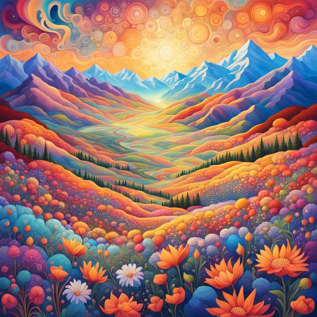 Cosmic Floral Valley in Mixed Media Style