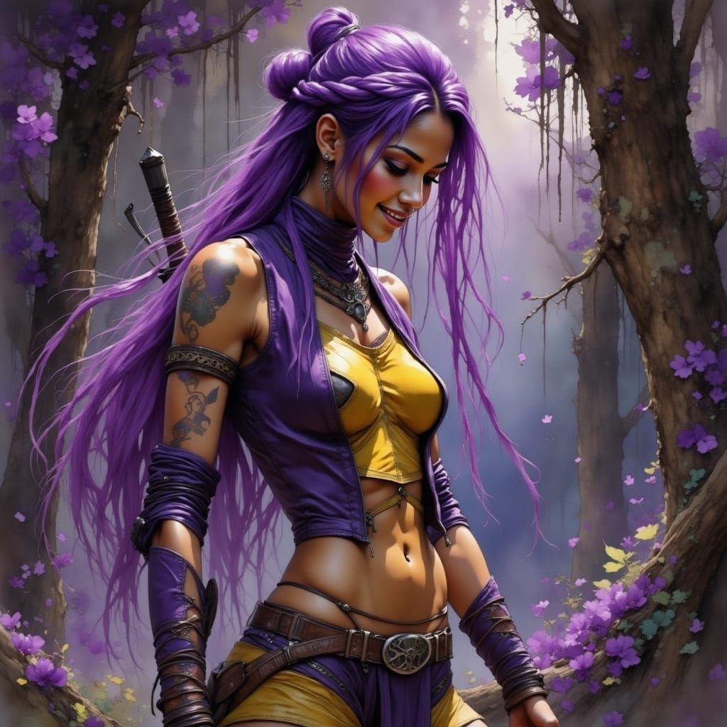 Leather-Clad Elf Warrior in Deep Forest, Fantasy Art