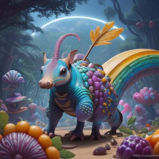 Iridescent Armadillo Rides Xylophone in Polychromatic Concep...