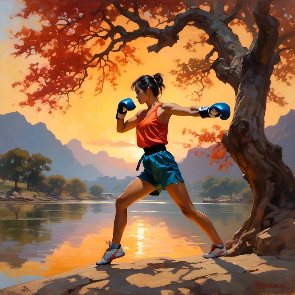 Alluring Asian Boxer Silhouetted Against Sunset