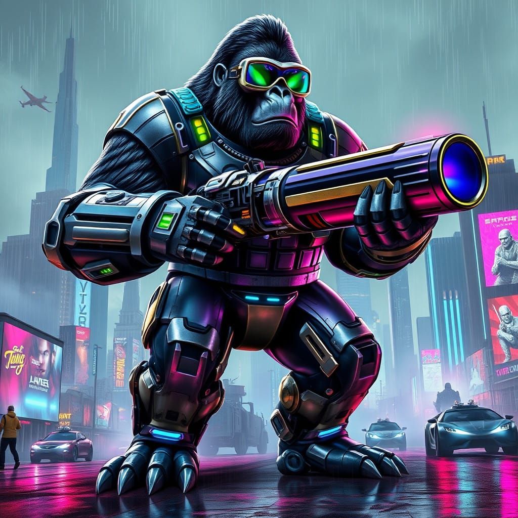 Cyberpunk Gorilla in Futuristic Exosuit Wields High-Tech Ene...