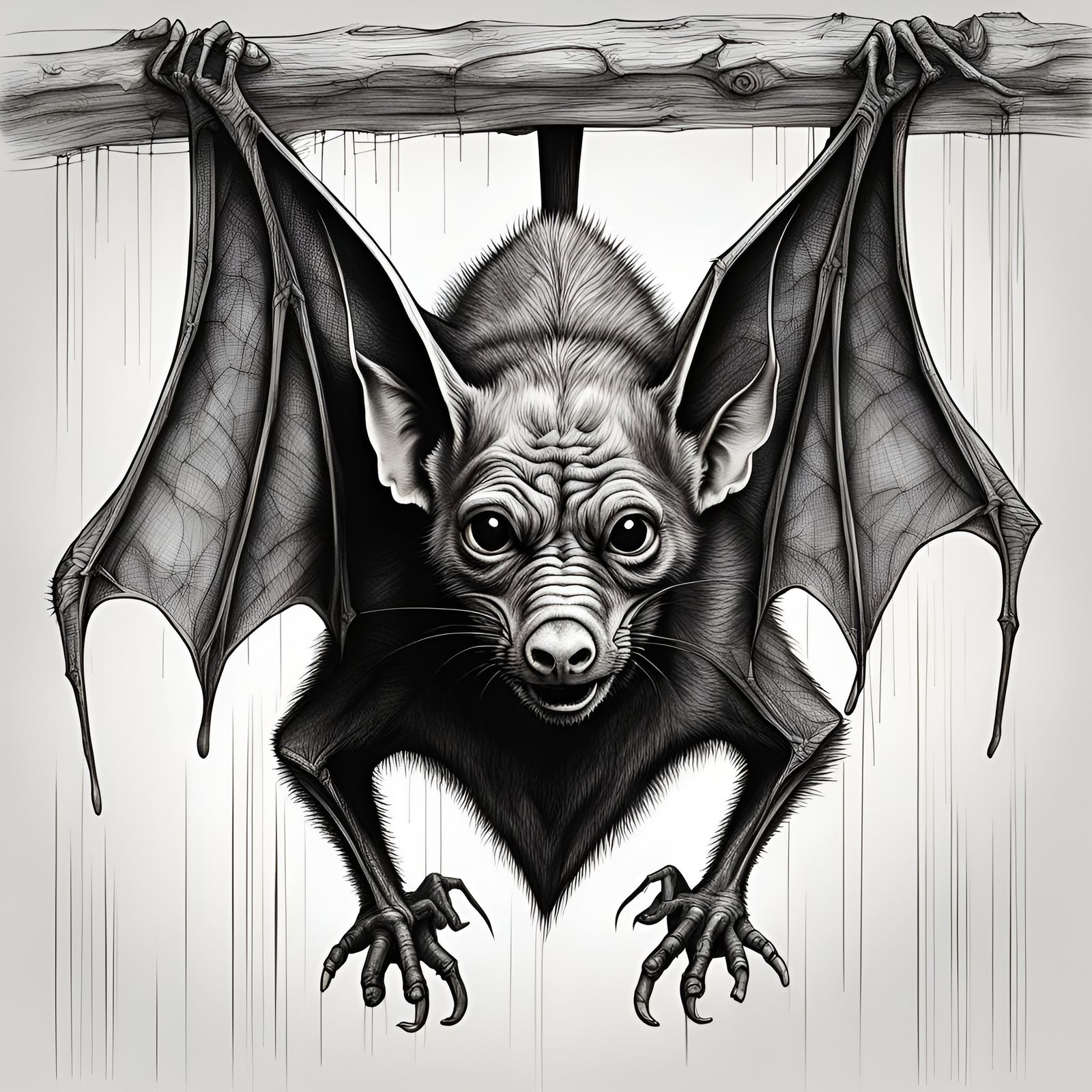 Crosshatched Vampire Bat Hanging Upside Down