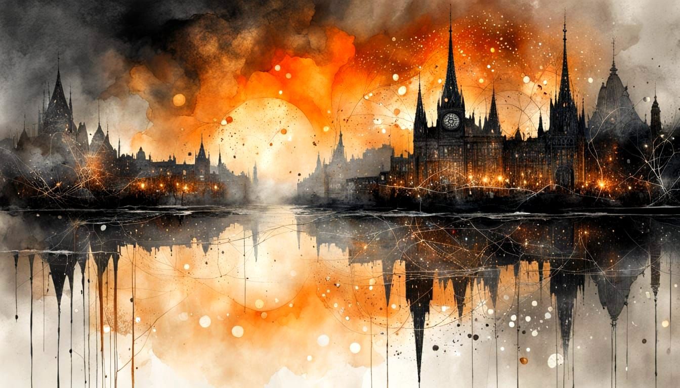 Ethereal City Reflections at Sunset in Art Brut Style