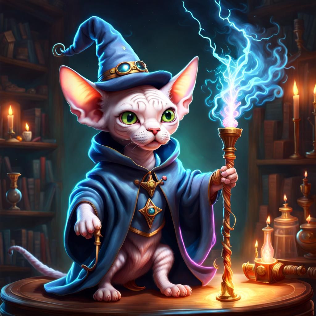 Whimsical Sphynx Cat Wizard with Neon Magic