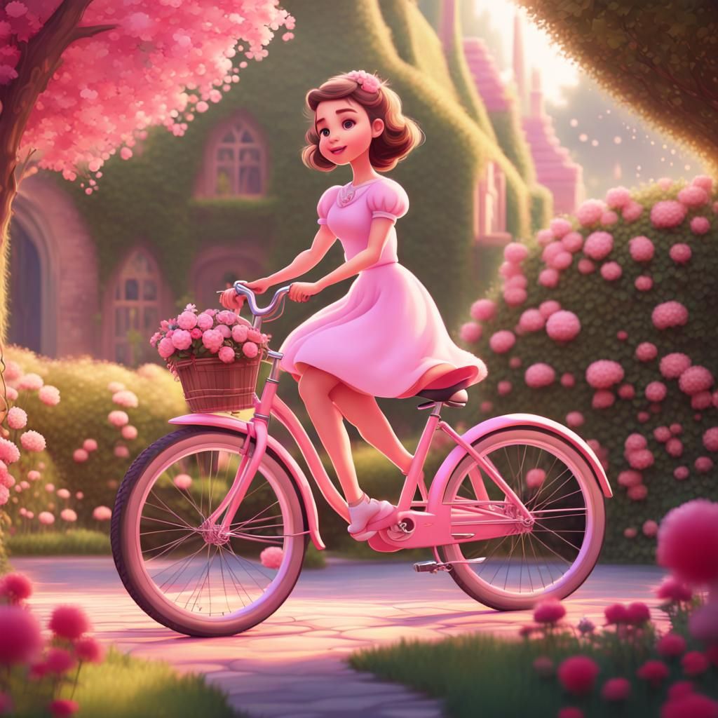 Princess on Pink Bicycle: Adorable Digital Art