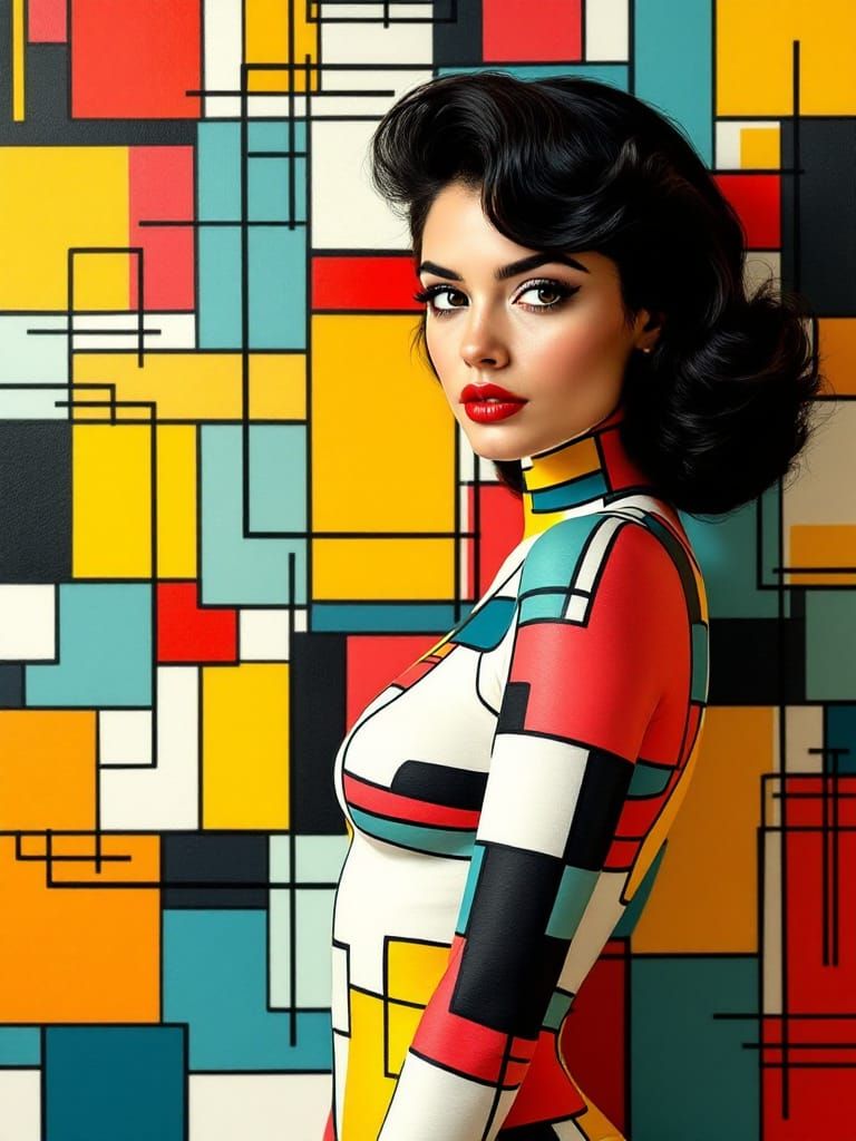 Woman's Body Art Matches Geometric Wall Pattern