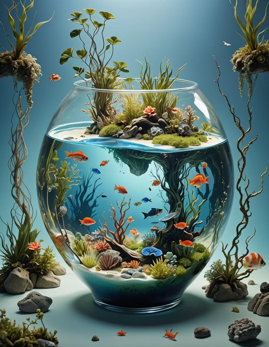 Thriving Ecosystem Inside Fishbowl in Surreal Style