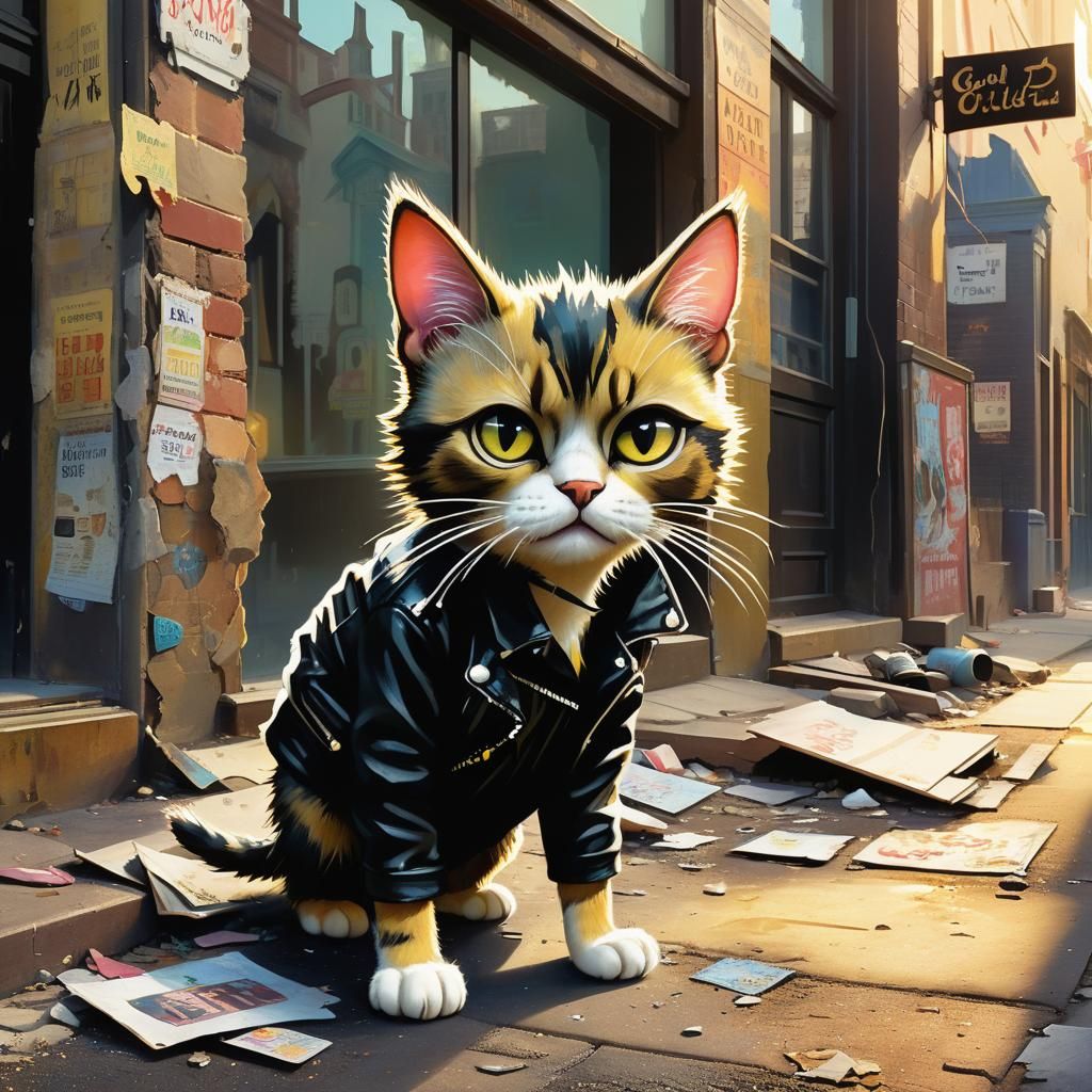 Scrappy Cat in Leather Jacket: Pop Surrealism