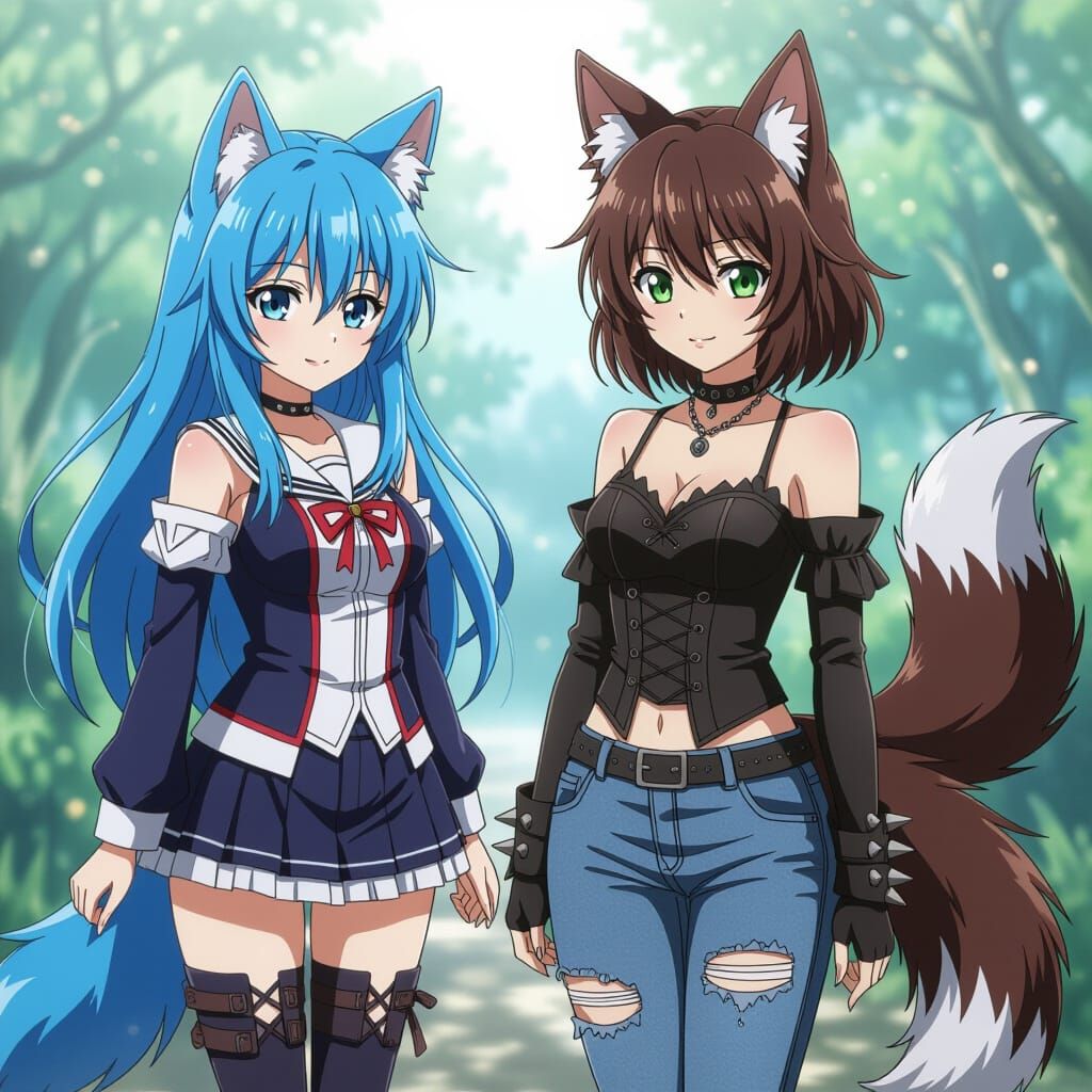 Anime Wolf-Woman with Blue Hair and Gothic Outfit