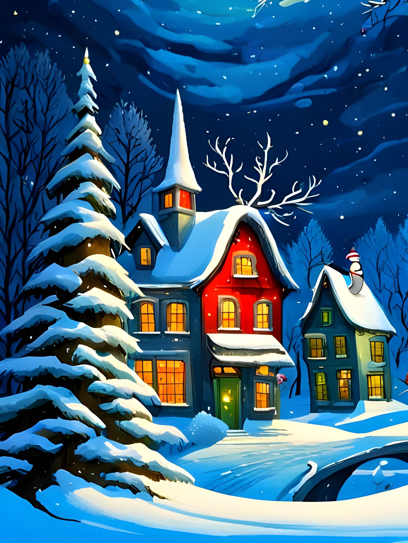 Whimsical Snowman Village Illuminated by Starry Christmas Ni...