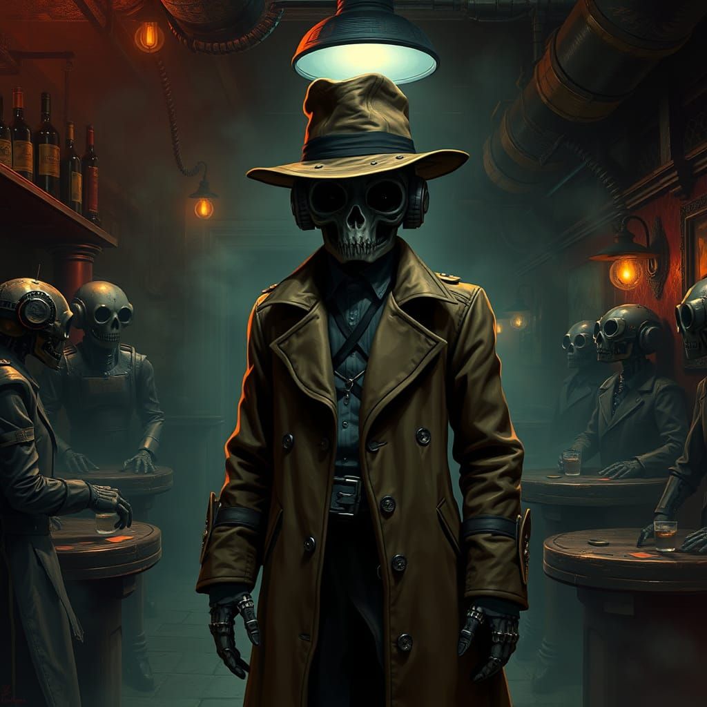 Robot in Fedora in Seedy Tavern, Film Noir Style