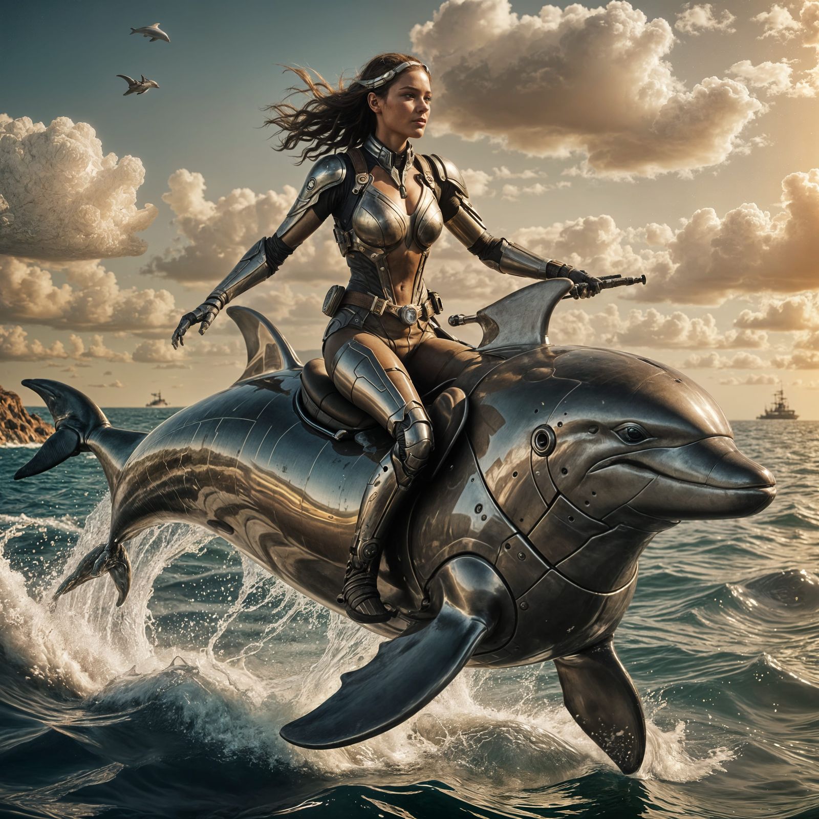 Cyborg Woman Rides Dolphin in Sepia Tone