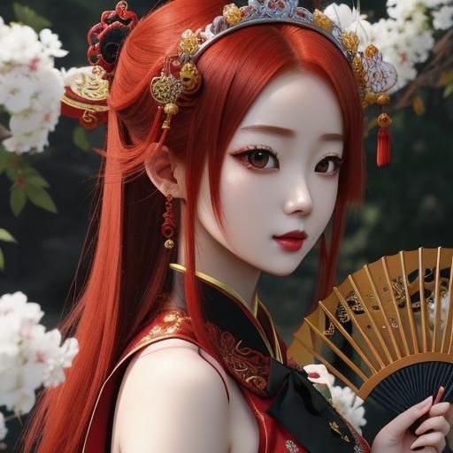 Redhead in Chinese Dress with Anime Art Style