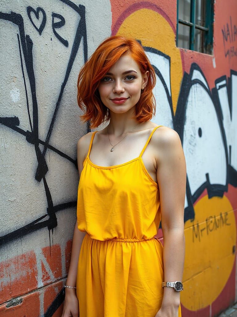 Woman in Yellow Dress Posing by Graffiti Wall