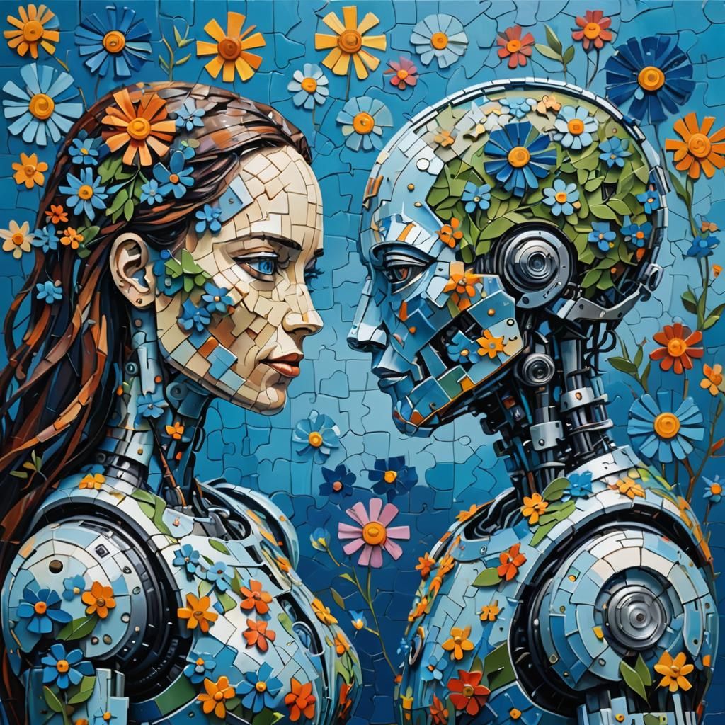 woman and man life-like Robot illustration made of puzzle pi...