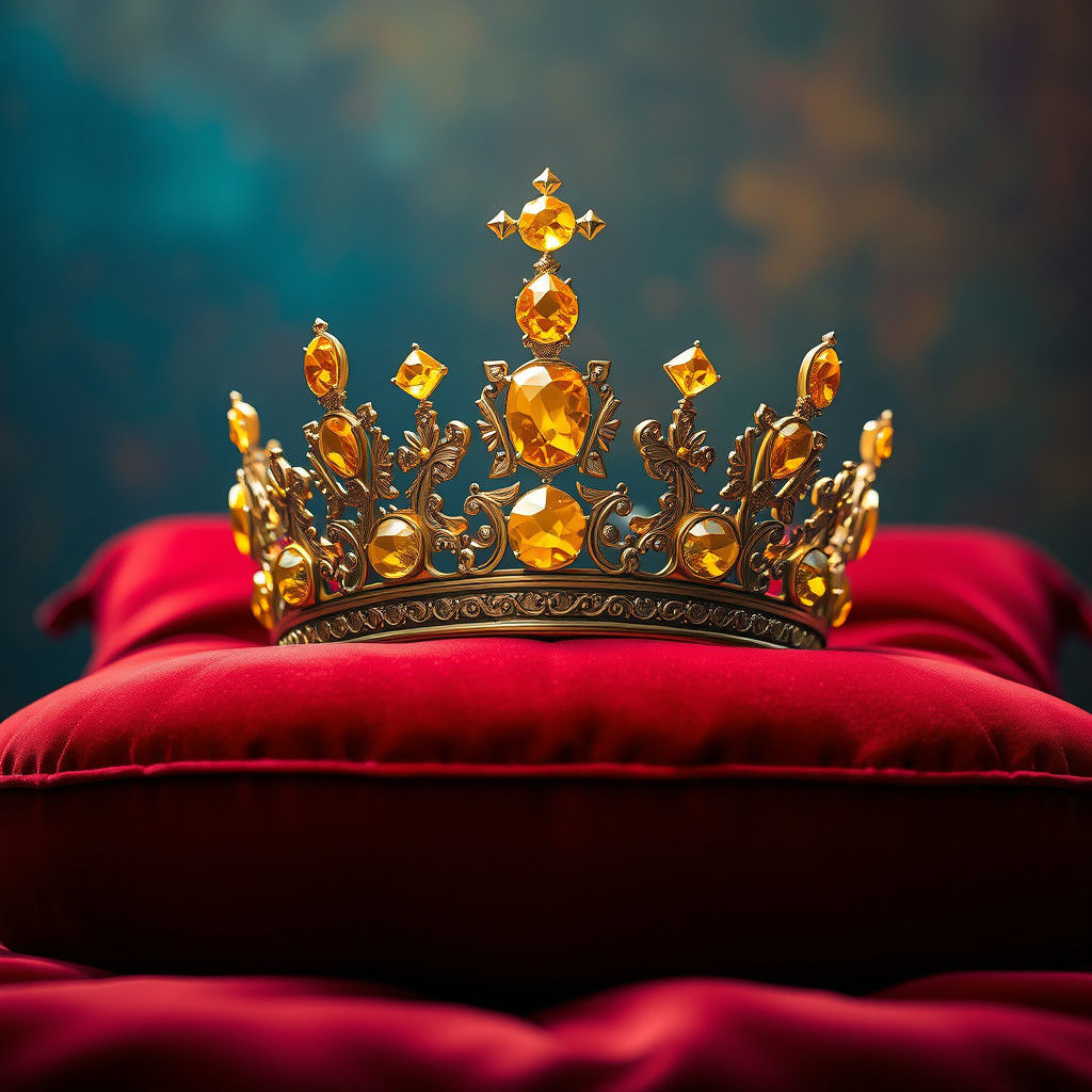 Gemstone Crown on Burgundy Cushion: Hyperrealistic Concept A...