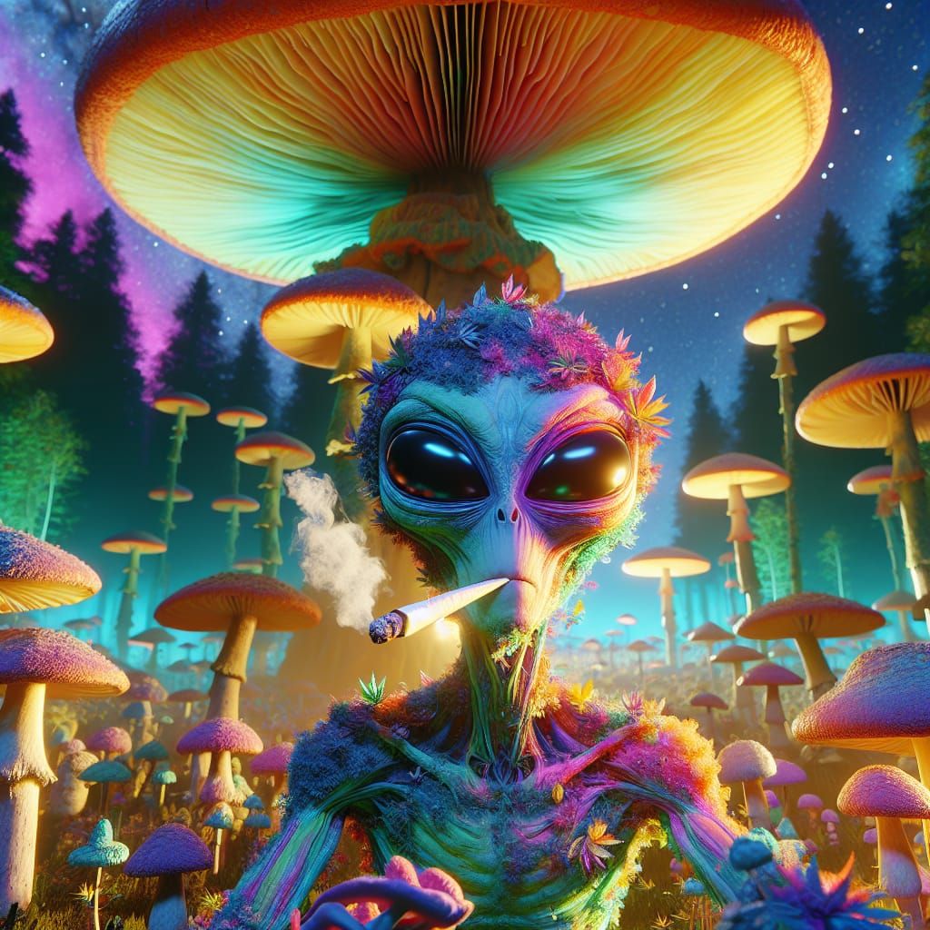 Psychedelic Alien Smokes in Mushroom Field, Concept Art